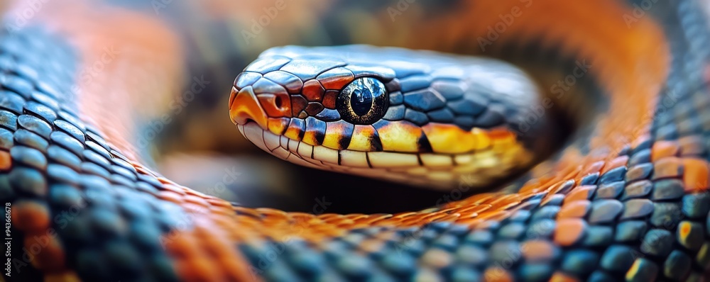 Poster close-up view of a colorful garter snake's intricate scales showcasing detailed patterns and vibrant