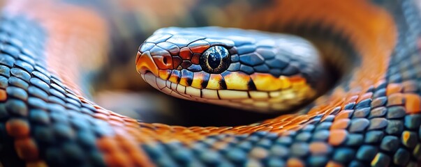 Fototapeta premium Close-up view of a colorful garter snake's intricate scales showcasing detailed patterns and vibrant colors, highlighting the beauty of reptilian skin texture and nature's artistry.