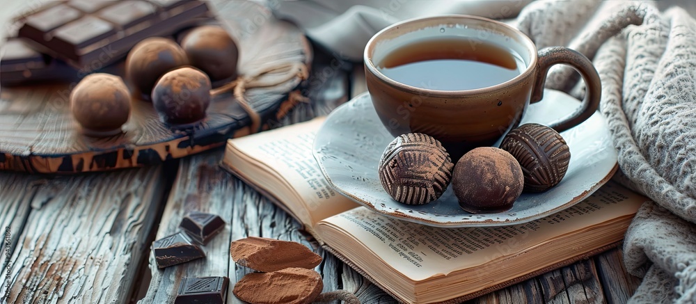 Poster herbal tea brown sugar chocolate truffles and an old book resting on a white wooden table. with copy