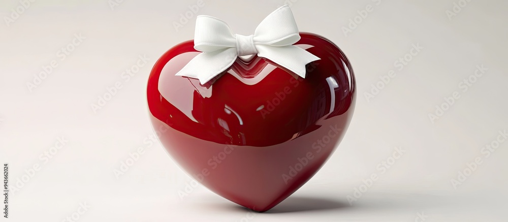 Poster red heart adorned with a white satin bow and highlights made of ceramic set against a white backgrou
