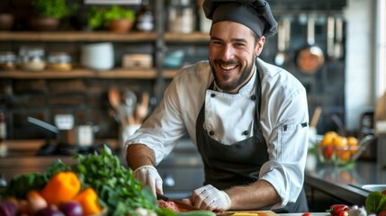 A chef is smiling while cutting vegetables on a cutting board