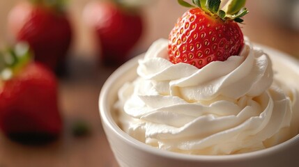 Strawberry in a bowl with whipped cream, ready to be enjoyed, Sweet, Bright, Detailed