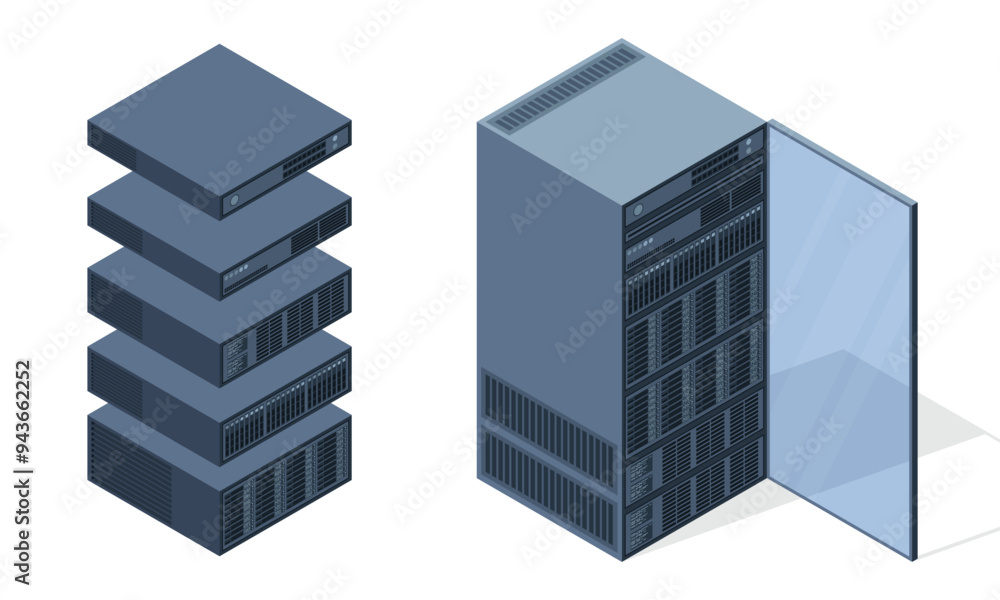 Poster isometric server. server racks. server boxes isolated. network server room. computer network technol