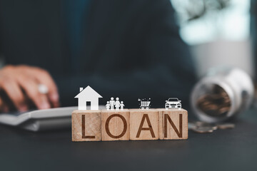 Car, house, personal money loan concept. finance business icon on wooden cube. saving money for a...