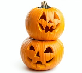 Fototapeta premium two pumpkins with carved faces on top of each other 