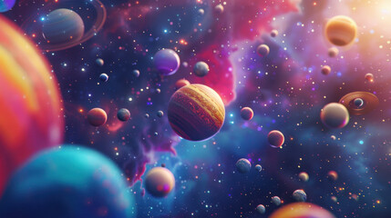 Cinematic whimsical photography of colorful galaxy with colorful and bright nebulas as well us different planets with different terrains