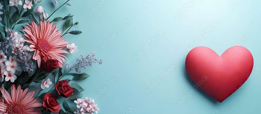 Poster valentine s day heart shaped paper card and a bouquet of flowers. with copy space image. place for a