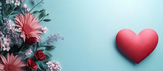 Obraz premium Valentine s Day heart shaped paper card and a bouquet of flowers. with copy space image. Place for adding text or design