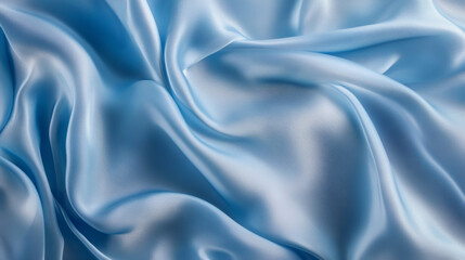 Close-up of light blue satin fabric with soft, flowing folds, showcasing its smooth texture and elegant, glossy finish.
