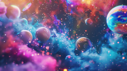 Naklejka premium Cinematic whimsical photography of colorful galaxy with colorful and bright nebulas as well us different planets with different terrains
