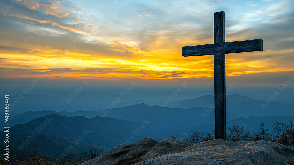 Wall mural wooden cross at sunset over mountains