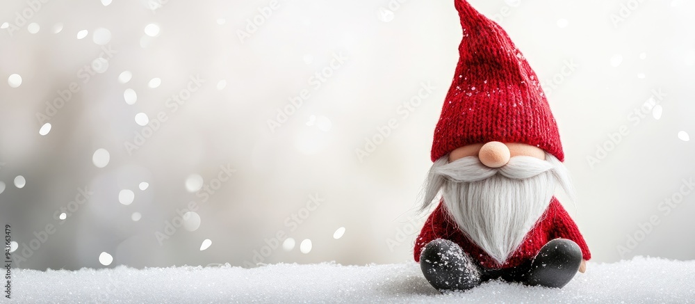 Poster Christmas postcard featuring a Scandinavian gnome in a red hat Gnome on a white background with blank space for text. with copy space image. Place for adding text or design