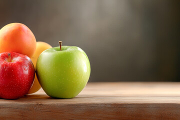 Fresh and vibrant apples on a wooden surface, showcasing a colorful assortment of fruit in a natural setting.