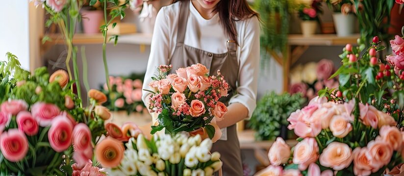 Floral decoration masterclass creative workshop wedding bouquet Making bouquets in a florist shop. with copy space image. Place for adding text or design