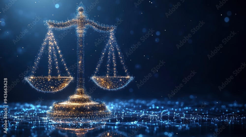 Poster the digital scales of justice against the backdrop of data and code symbolize the rule of law in the