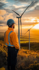 Worker Observing Wind Turbines at Sunset