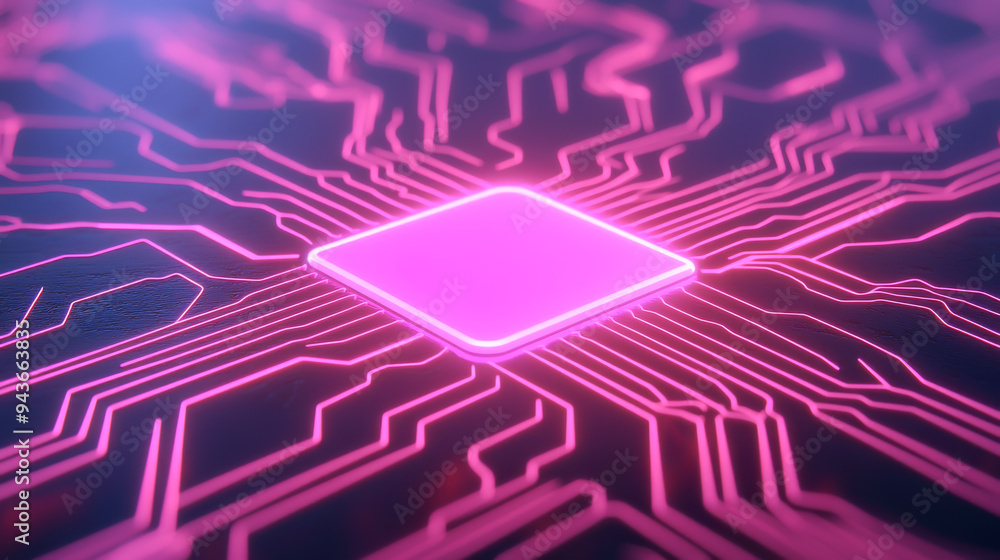 Poster futuristic circuit design featuring a glowing pink processor at the center, representing advanced te