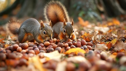 Obraz premium Squirrels harvesting acorns in a sustainable manner, only taking what they need for the winter.