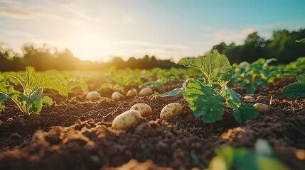 Fresh potato plants growing in rich soil under a golden sunset.