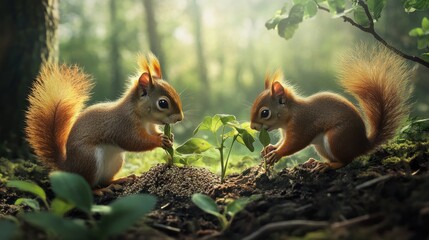 Squirrels planting seeds in a forest, helping to grow new trees and maintain the balance of nature.