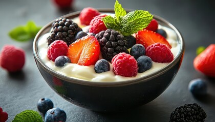 Yogurt in a bowl with fresh fruit, ready for a healthy breakfast, Fresh, Bright, Detailed