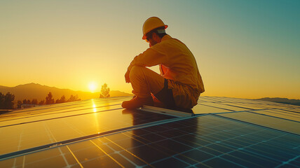 Technician Contemplating at Sunset on Solar Panels