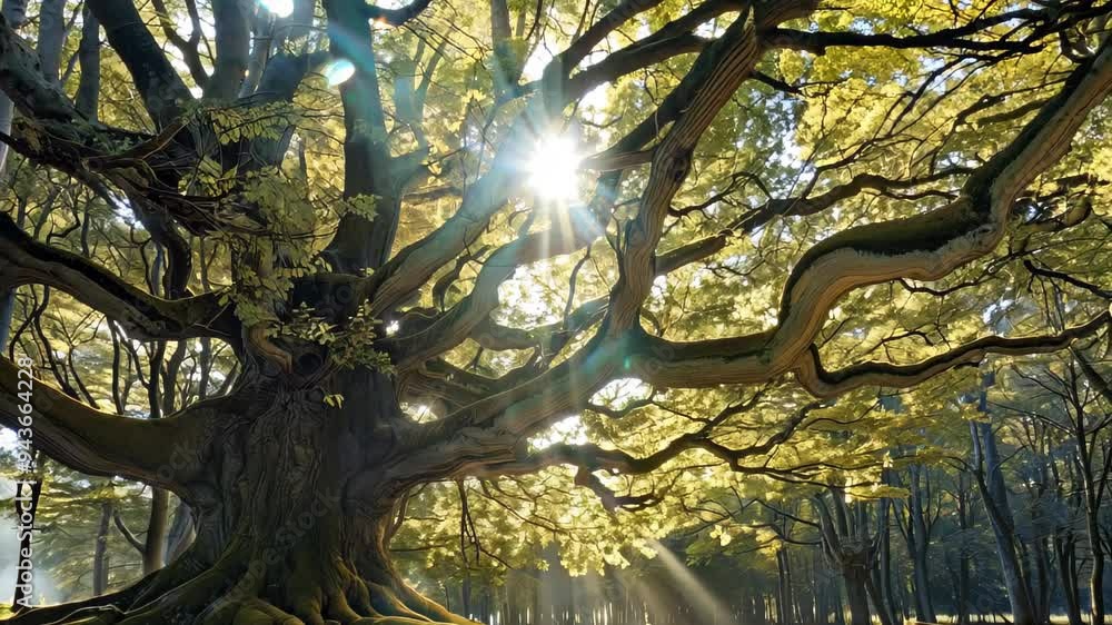 Poster golden sunlight filters through the lush branches of a majestic tree, casting dappled patterns on th