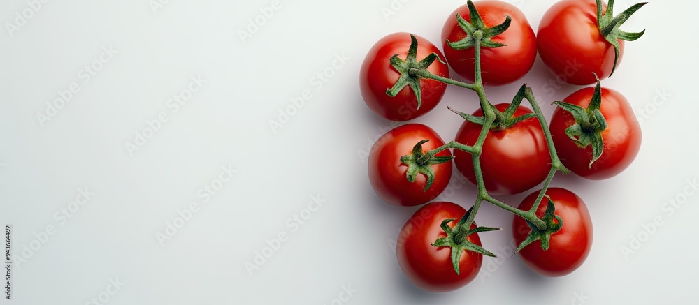 Poster top view of a cluster of fresh tomatoes set against a white background. with copy space image. place