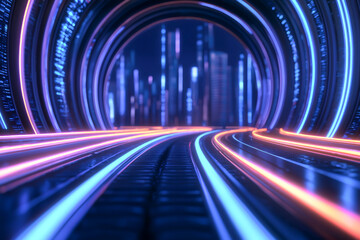 Futuristic tunnel with glowing neon lights and a dynamic perspective, creating a sense of speed and motion through a digital landscape.
