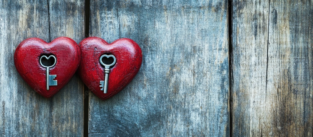 Aufkleber two red hearts for a wedding featuring a key and a keyhole as symbols of love set against a wooden b
