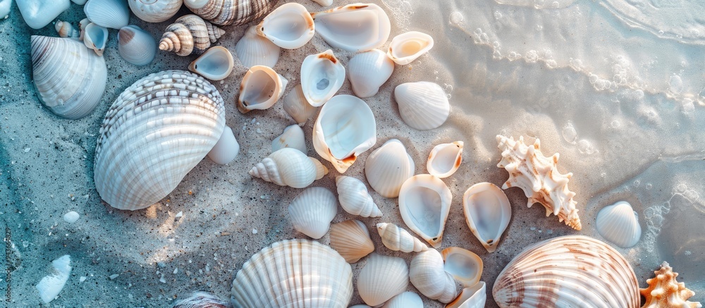 Poster A border of pink seashells and sea pebbles on a white background Ocean pattern top view. with copy space image. Place for adding text or design