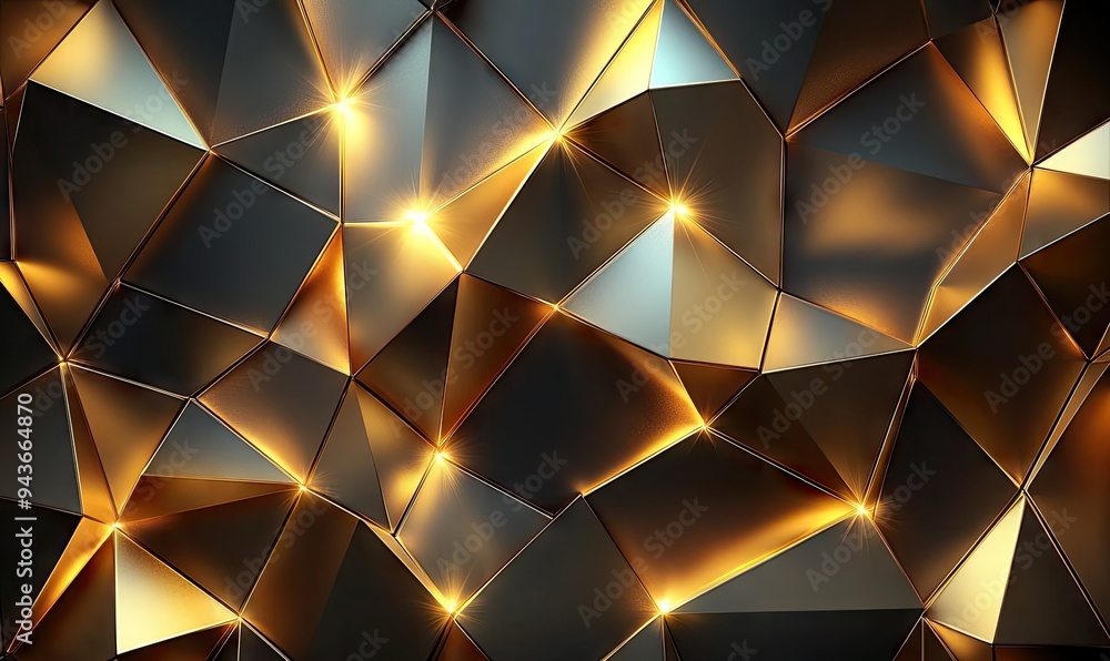 Poster an abstract geometric background with a pattern of triangles in shades of gold. the pattern is shiny