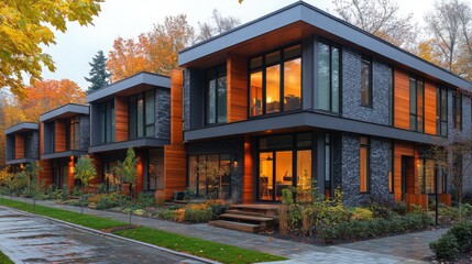 Naklejka premium A contemporary city block showcases eco-friendly design with passive solar heating amidst vibrant autumn foliage.