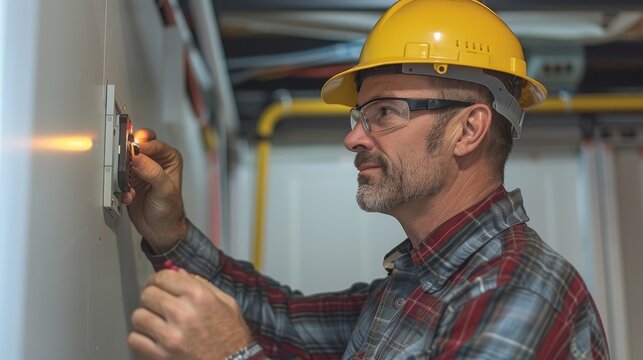 A man in a yellow hard hat is fixing a light switch