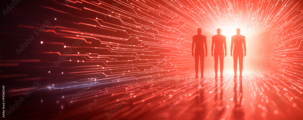 Poster silhouettes of three figures stand against a dynamic red background, symbolizing uncertainty and fut