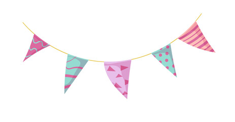 Bunting garland doodle. Doodle birthday garland of flags. Festival or Christmas party bunting border decoration.