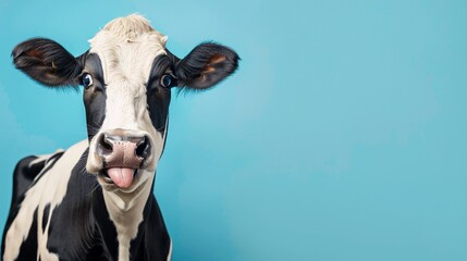 Crazy Smiling Cow with Tongue Out, Blue Background with Copyspace