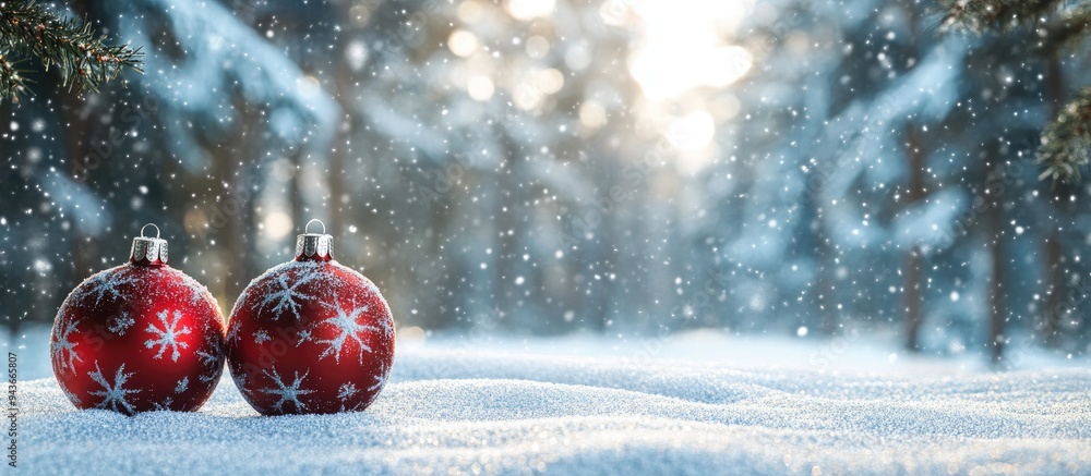 Aufkleber Beautiful Christmas ornaments set against a snowy forest designed for a banner Space for text. with copy space image. Place for adding text or design