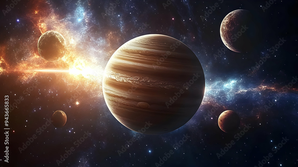 Poster a giant gas planet with stripes is positioned in front of a bright nebula and a star system in space