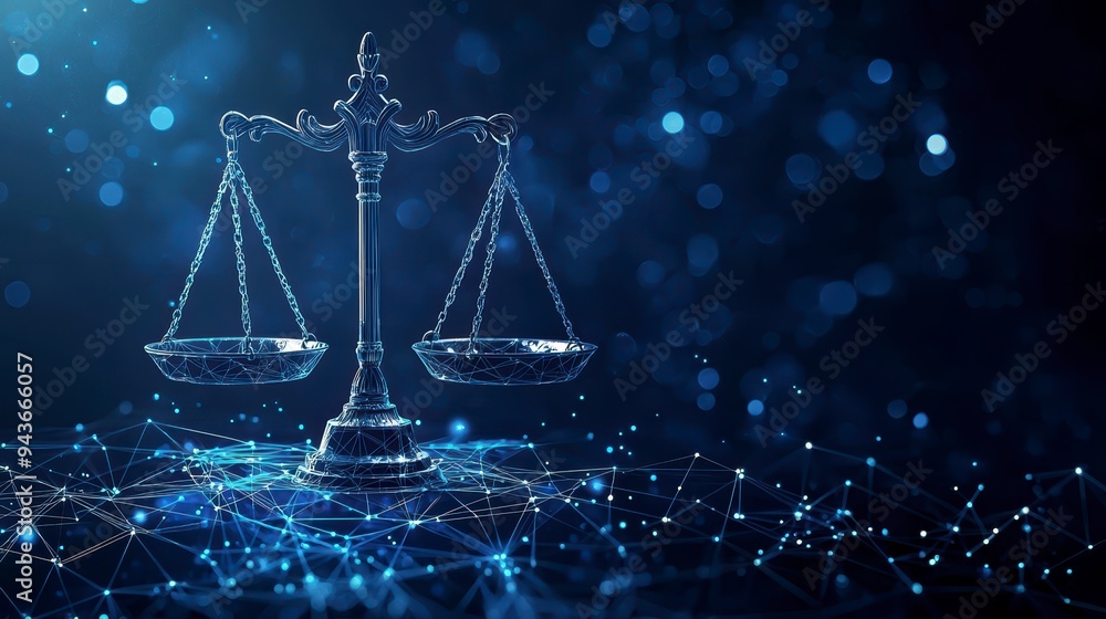 Poster the digital scales of justice against the backdrop of data and code symbolize the rule of law in the