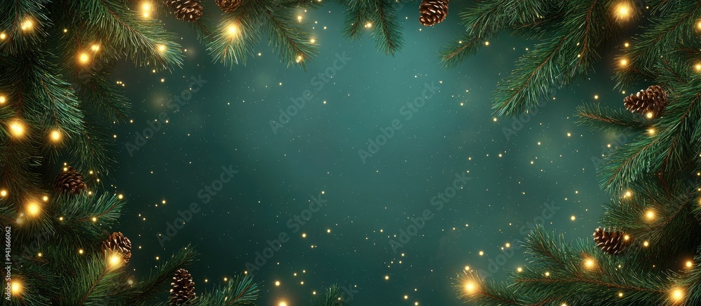 Poster christmas background featuring a frame of fir branches lights and copyspace