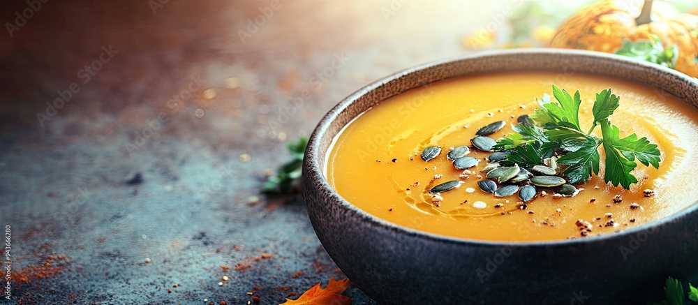 Leinwandbilder pumpkin soup garnished with parsley and pumpkin seeds autumn theme. with copy space image. place for