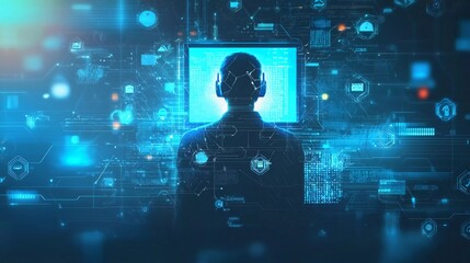 Fraud or scam background. Abstract hacker behind the monitor hologram with programmer code. Cybercriminal icons on a bright background