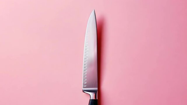 A large knife rests prominently on a vibrant pink surface, creating a striking visual contrast that draws attention to its sharp blade and sleek design.