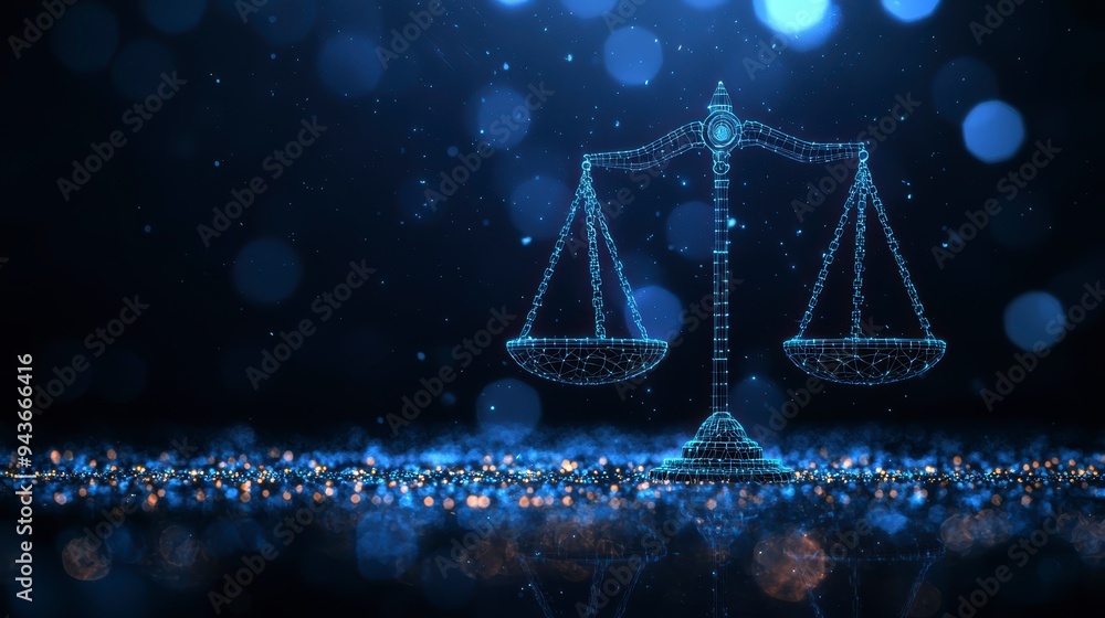 Poster the digital scales of justice against the backdrop of data and code symbolize the rule of law in the