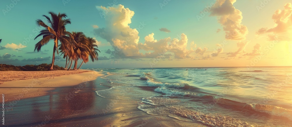 Aufkleber Tropical beach featuring palm trees and the sea at sunset serving as a vintage style background for summer beach vacations. with copy space image. Place for adding text or design