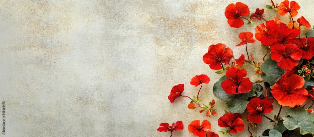 Aufkleber square fashionable aged textured paper background featuring tropaeolum majus the garden nasturtium. 