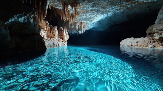 Cave system with underground rivers and stalactites showing the unique abiotic environment below the earth???s surface