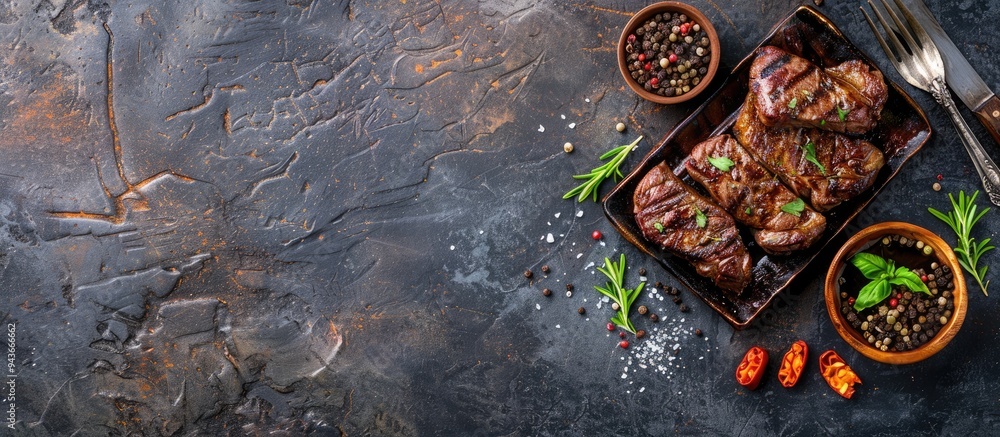 Poster beef steak ribeye grilled veal succulent fried meat delicious top view copy space for text culinary 