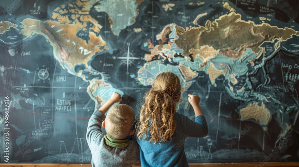 Poster drawing maps and charts on the chalkboard helps students visualize geographical and historical conce